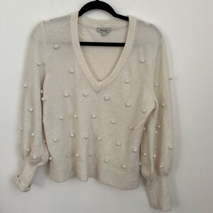 Madewell Cream V-Neck Sweater with Pom-Poms
